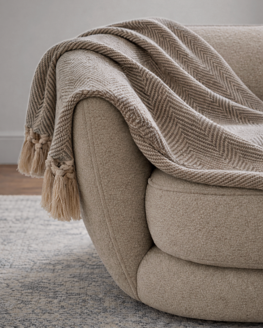Carlisle Herringbone Cotton Throw - Beige