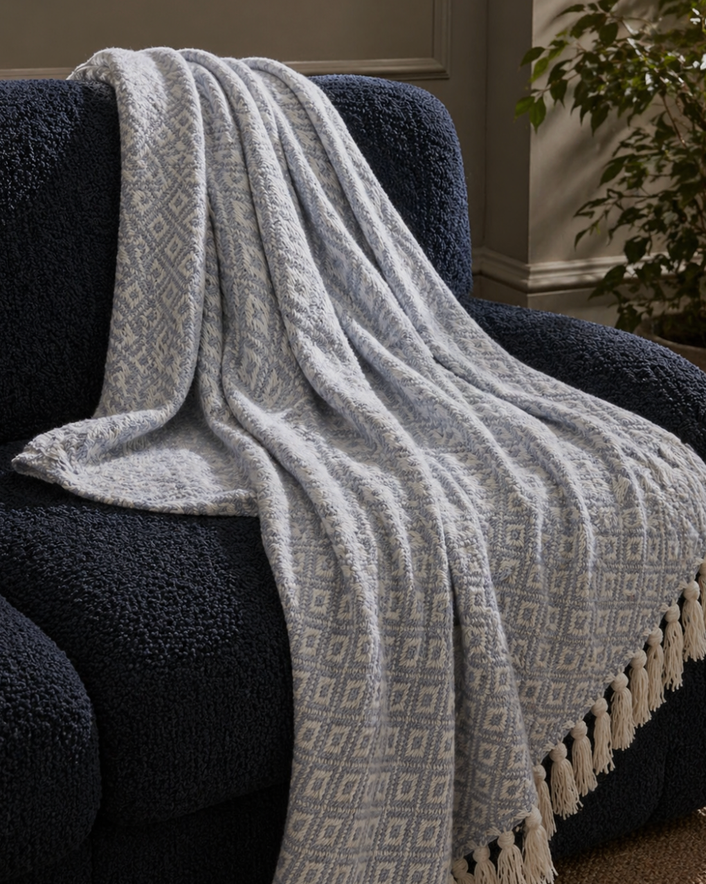 Hamptons Diamond Minimal Cotton Throw - Blue